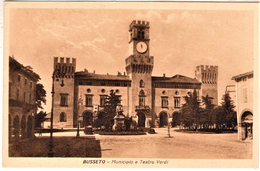 Cartolina antica Busseto municipio e teatro Verdi