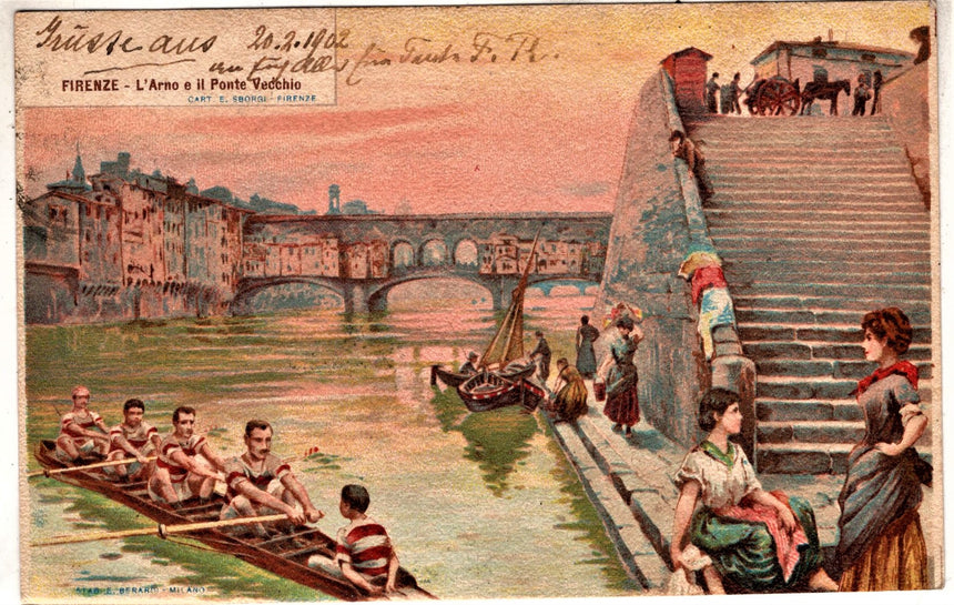 Cartolina antica Firenze L Arno e il ponte Vecchio