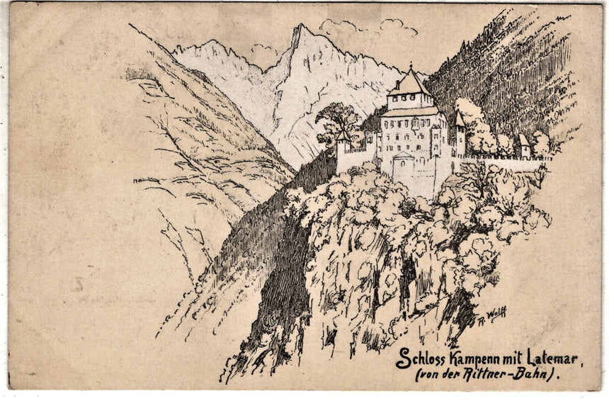 Cartolina antica Bozen Schloss Kampenn mit Latemar
