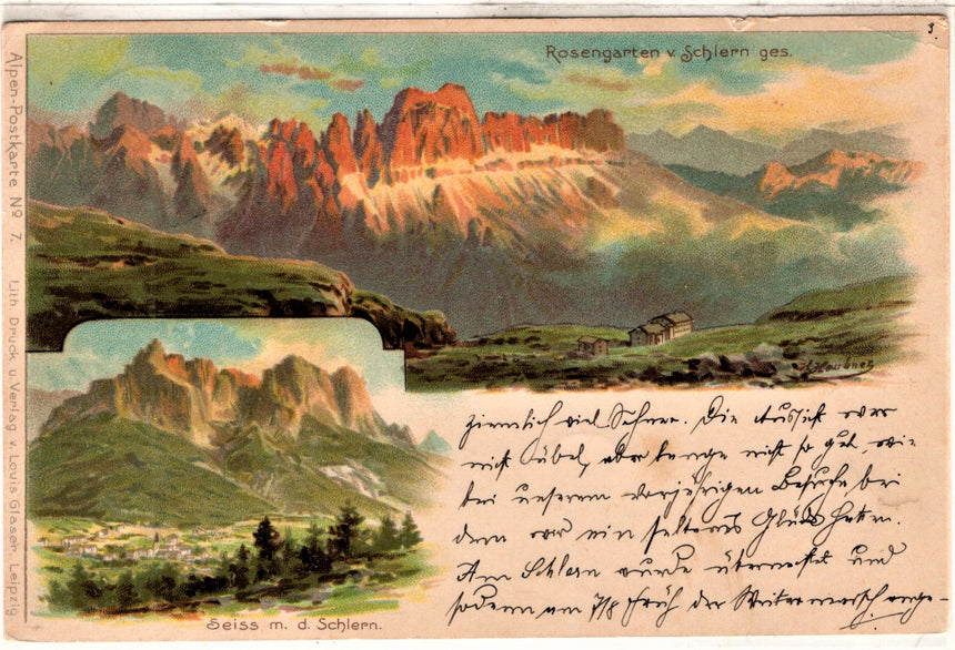 Cartolina antica Bozen Rosengarten Seiss bei Schlern
