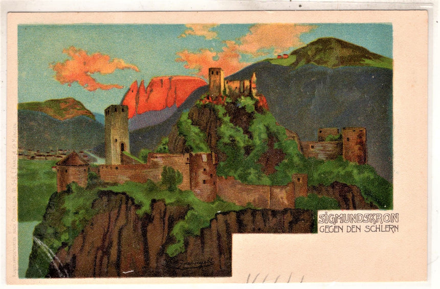 Cartolina antica Bozen Sigmundskron gegen den Schlern