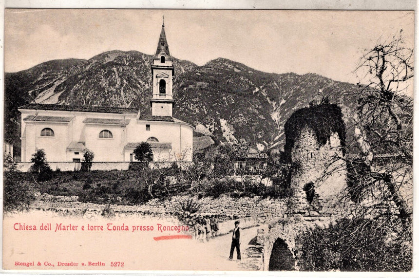 Cartolina antica Trento Chiesa del Marter e torre tonda Roncegno