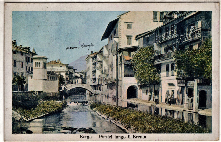 Cartolina antica Trento Borgo Valsugana portici lungo il Brenta