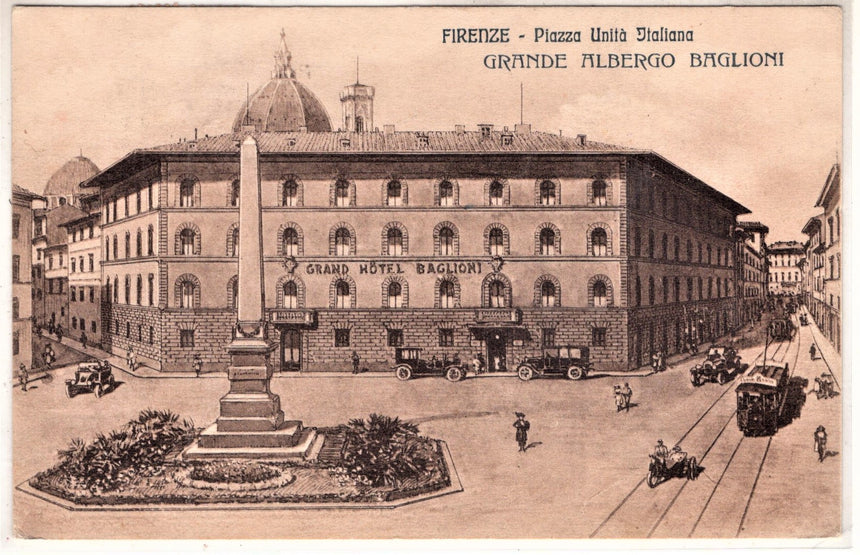 Cartolina antica Firenze piazza unita Italiana Albergo Baglioni