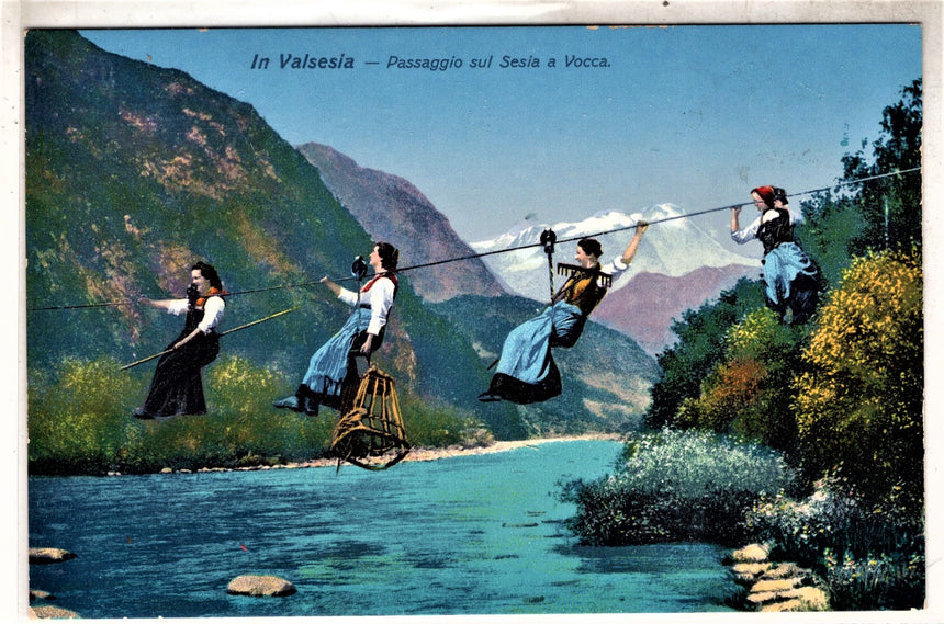 Cartolina antica In Valsesia passaggio sul Sesia a Vocca Vercelli