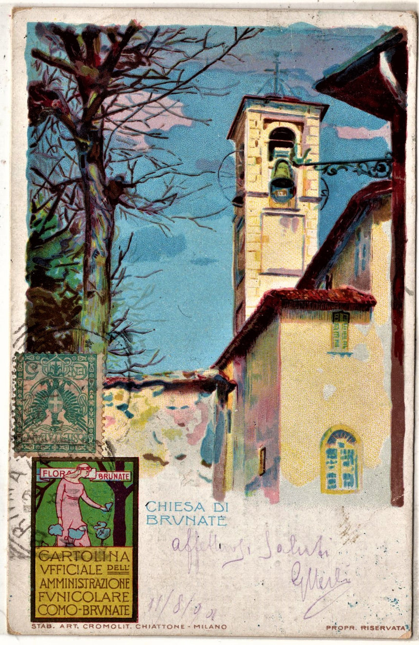 Cartolina antica Cartolina Uff. funicolare. Como Brunate chiesa di Brunate