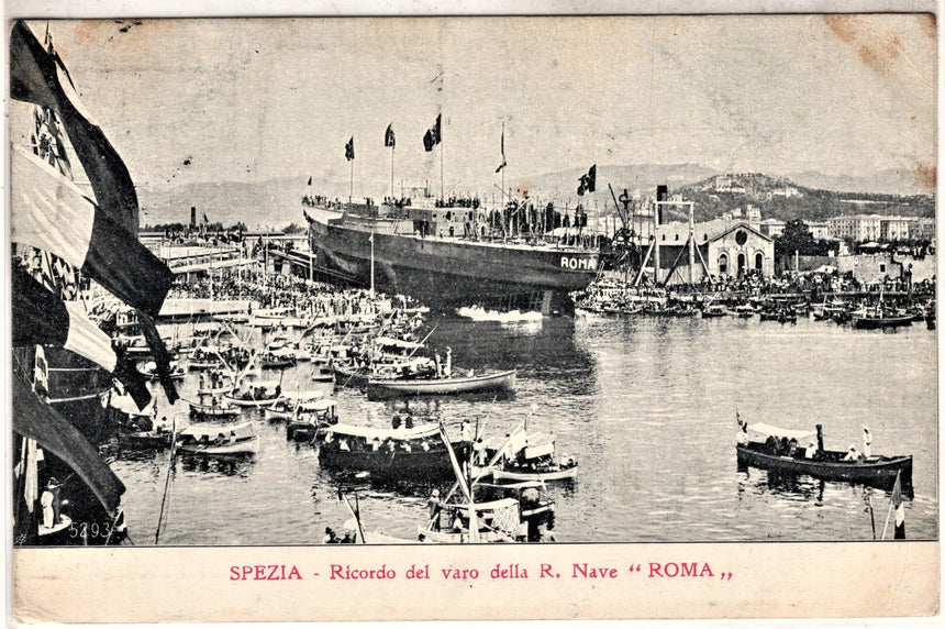 Cartolina antica Spezia ricordo del varo della Reggia nave Roma