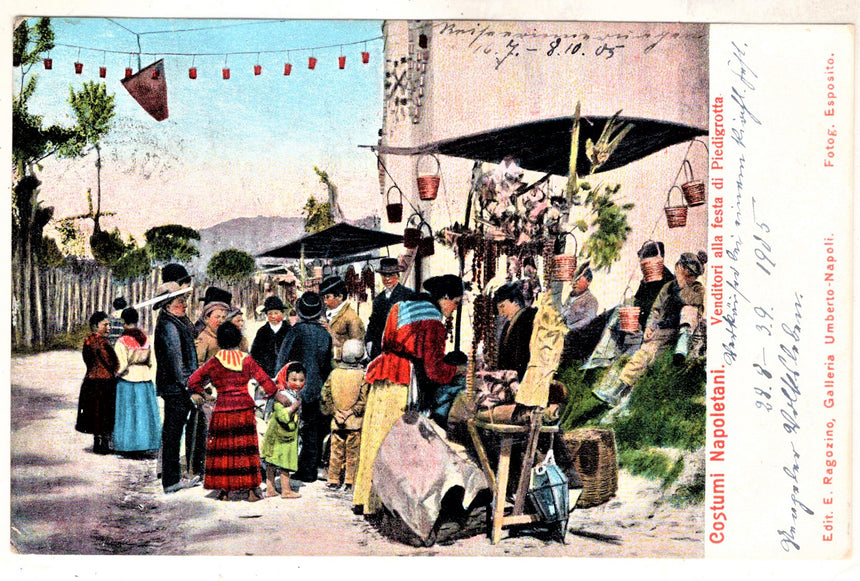 Cartolina antica Napoli costumi venditori alla festa di Piedigrotta