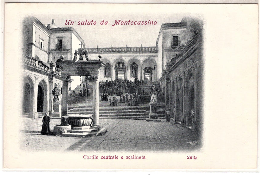 Cartolina antica Un Saluto da Montecassino cortile centrale