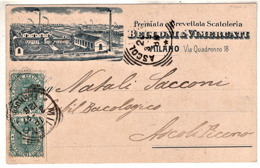 Cartolina antica Premiata brevettata scatoleria Belloni e Vimercati Milano