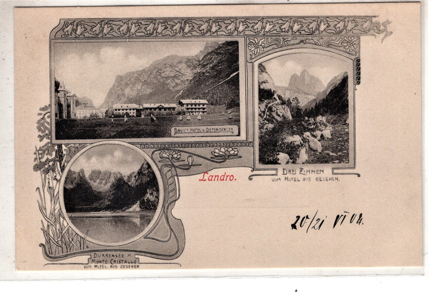 Cartolina antica Landro con le Tre Cime di Lavaredo