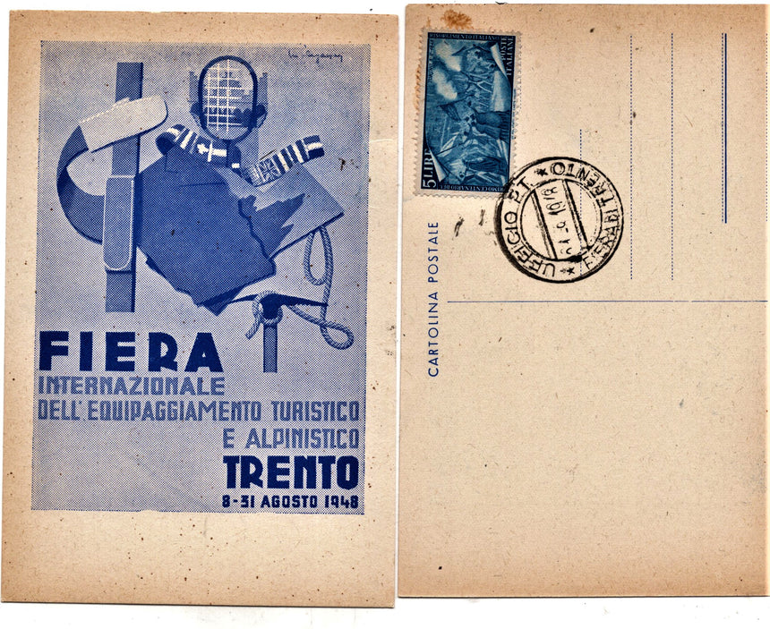 Cartolina antica Trento fiera equipaggiamento turistico e alpinistico 1948