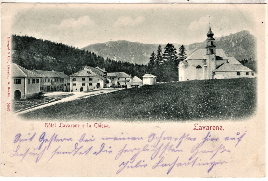 Cartolina antica Hotel Lavarone e chiesa