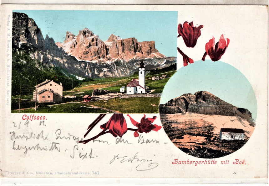 Cartolina antica Colfosco Bambergerhutte mit Boe Sudtirol