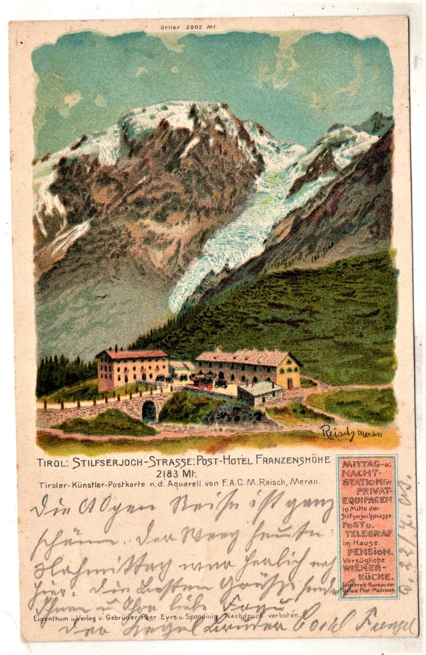 Cartolina antica Stilfserjoch strasse Post Hotel in Tirol dis. Reisch