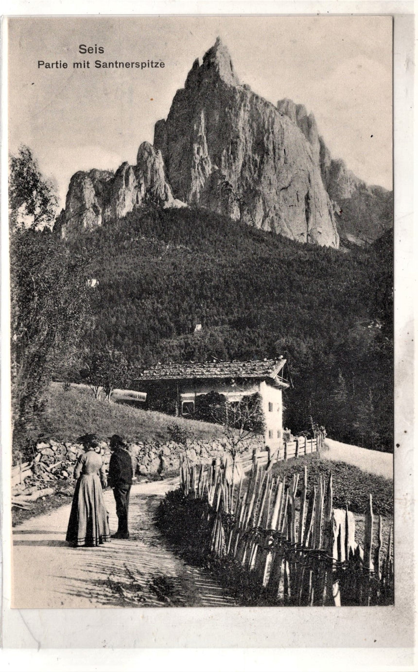 Cartolina antica Seis partie mit Santnerspitze in Sudtirol