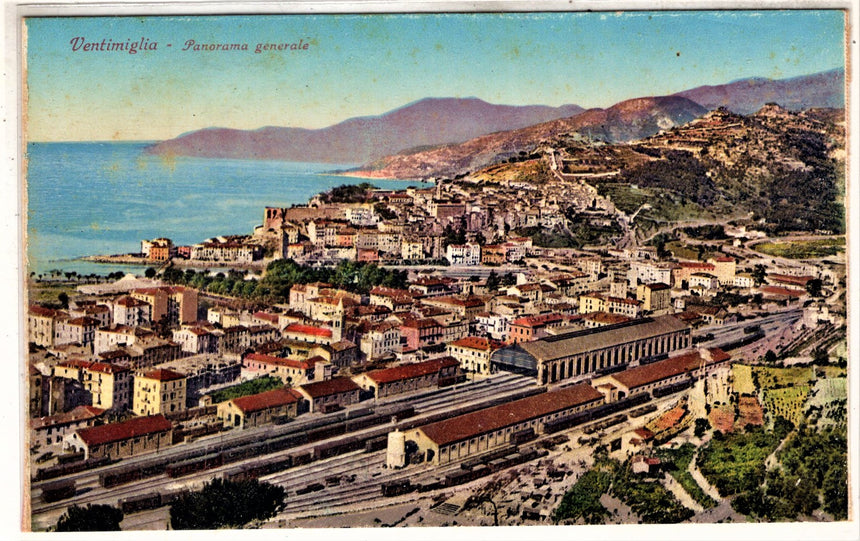 Cartolina antica Ventimiglia panorama con la stazione