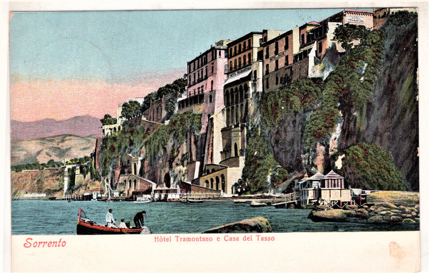 Cartolina antica Sorrento Hotel Tramontano e casa del Tasso