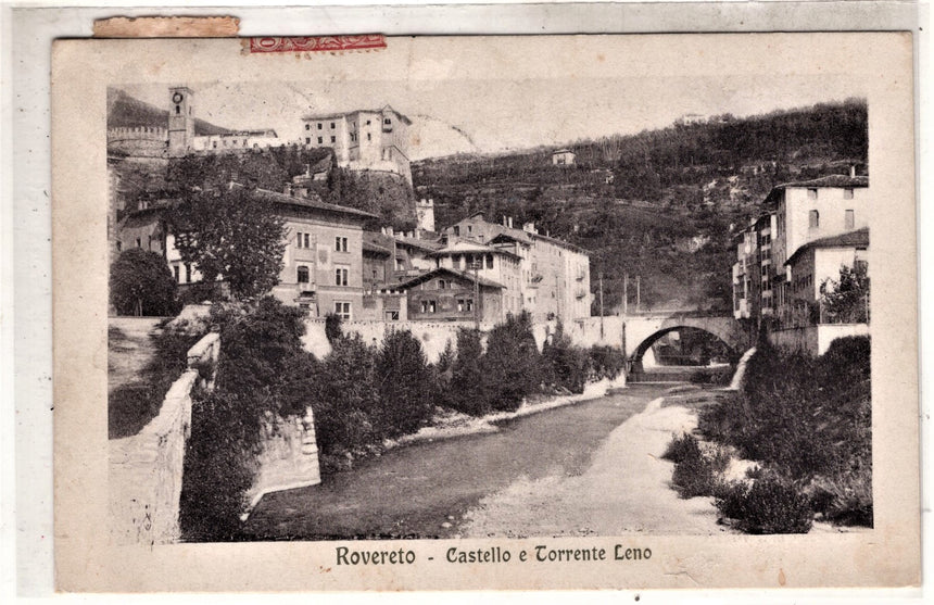 Cartolina antica Rovereto castello e torrente Leno