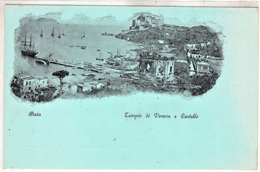 Cartolina antica Baia Tempio di Venere e castello Napoli