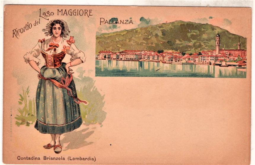 Cartolina antica Ricordo del lago Maggiore Pallanza contadina Brianzola