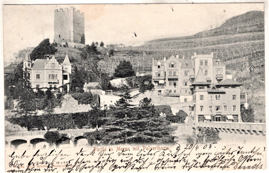 Cartolina antica Partie in Meran mit Pulverthurm
