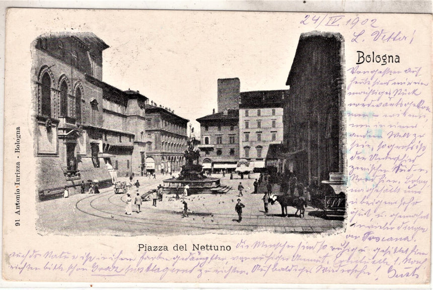 Cartolina antica Bologna piazza del Nettuno