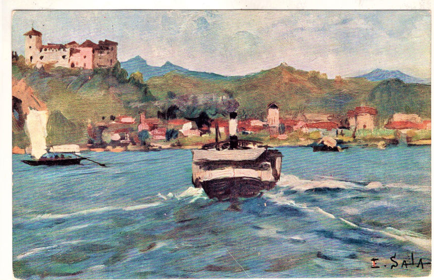 Cartolina antica Cartolina navigazione sul lago Maggiore Rocca d Angera dis.Sala