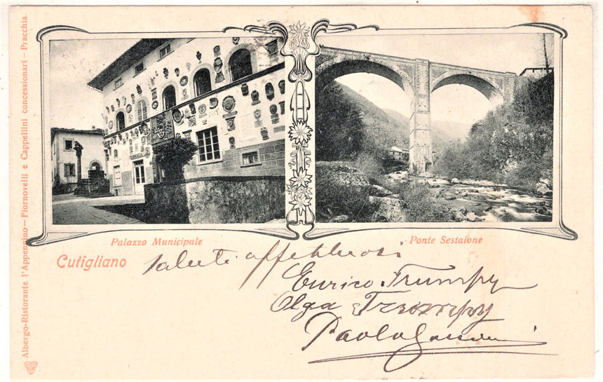 Cartolina antica Cutigliano il municipio e ponte Sestaione