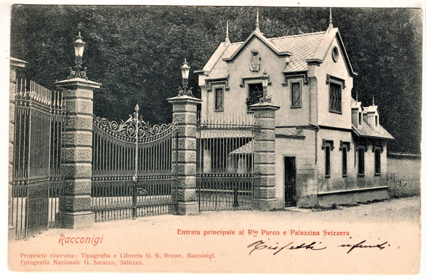 Cartolina antica Racconigi entrata al parco e palazzina Svizzera