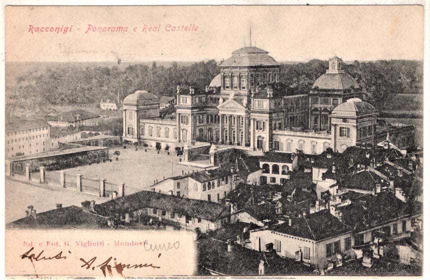Cartolina antica Racconigi panorama e Real castello