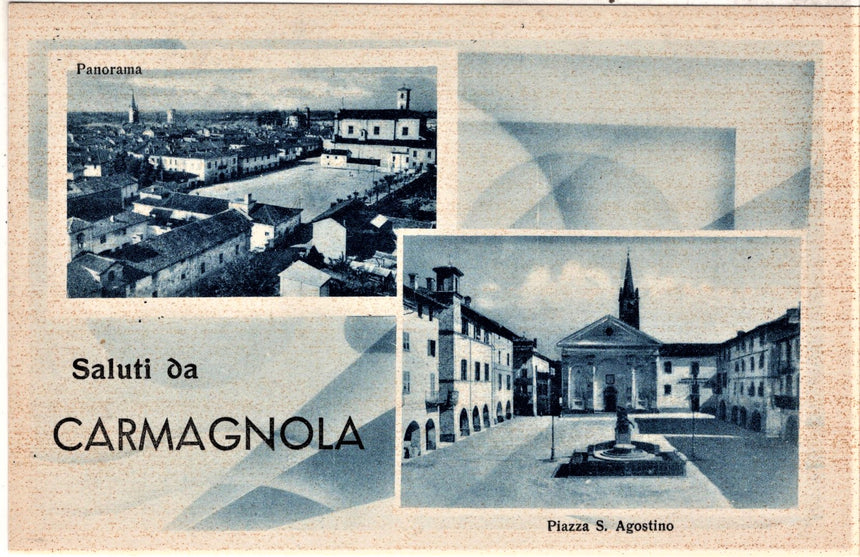 Cartolina antica Saluti da Carmagnola piazza S.Agostino