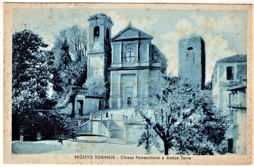 Cartolina antica Un saluto da Pecetto Torinese la chiesa