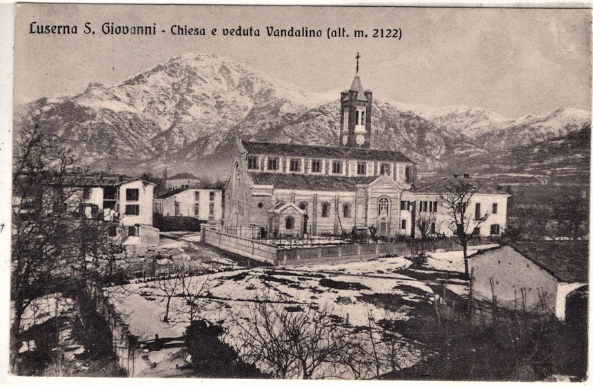 Cartolina antica Luserna San Giovanni chiesa e veduta Vandalino
