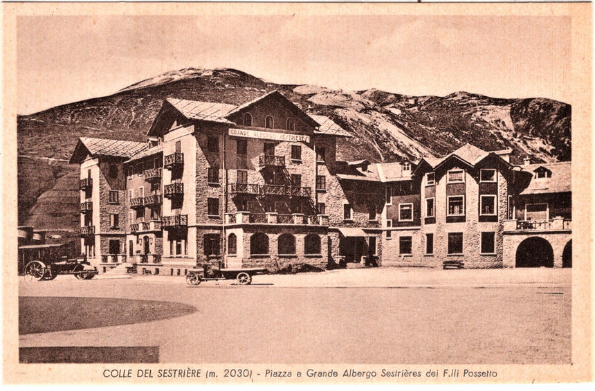 Cartolina antica Colle Sestiere piazza e Albergo Sestieres dei Flli Possetto