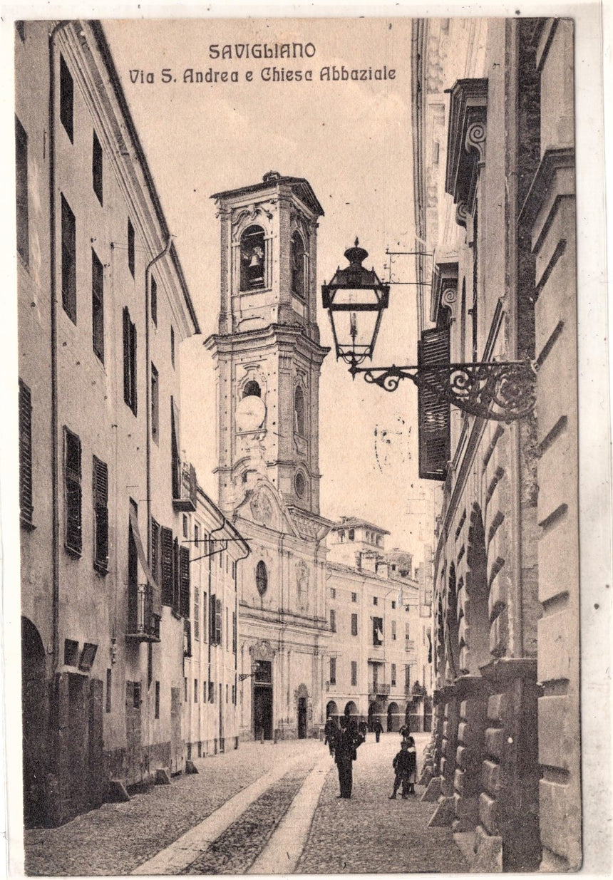 Cartolina antica Savigliano via San Andrea e chiesa Abbaziale