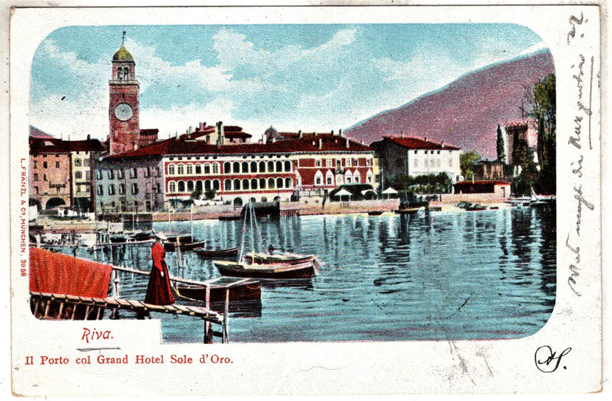 Cartolina antica Trento Riva Garda il porto e grand Hotel Sole d Oro