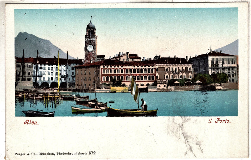 Cartolina antica Trento Riva Garda panorama dal lago