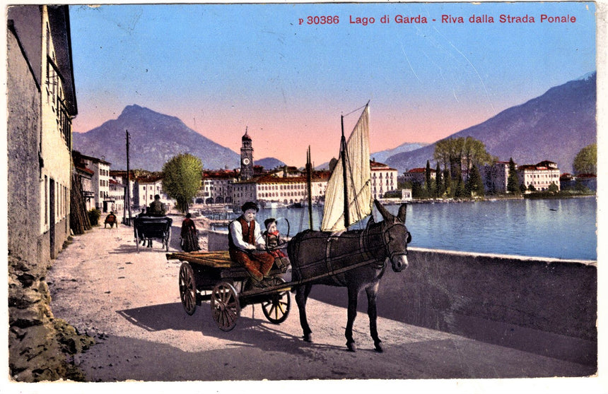 Cartolina antica Trento Riva Garda strada del ponale carro con asino