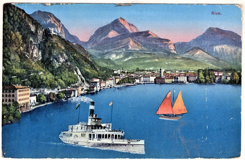 Cartolina antica Trento Riva Garda panorama posta militare