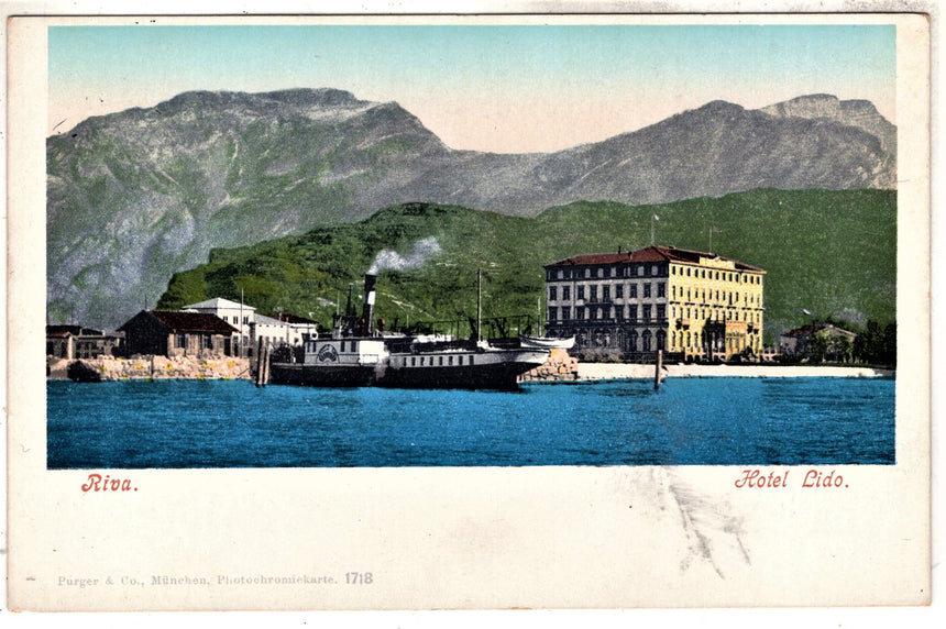 Cartolina antica Trento Riva Garda vapore e Hotel Lido