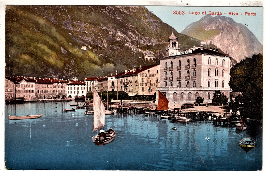 Cartolina antica Trento Riva Garda il porto e Hotel Imperial