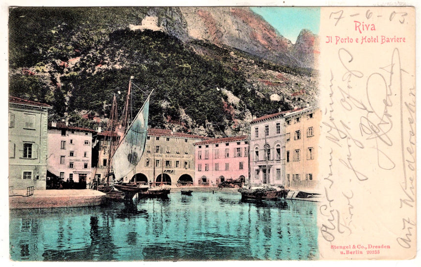 Cartolina antica Trento Riva Garda il porto e Hotel Baviere