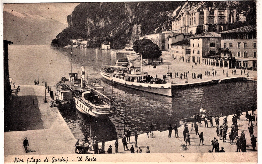 Cartolina antica Trento Riva Garda vaporetti in porto