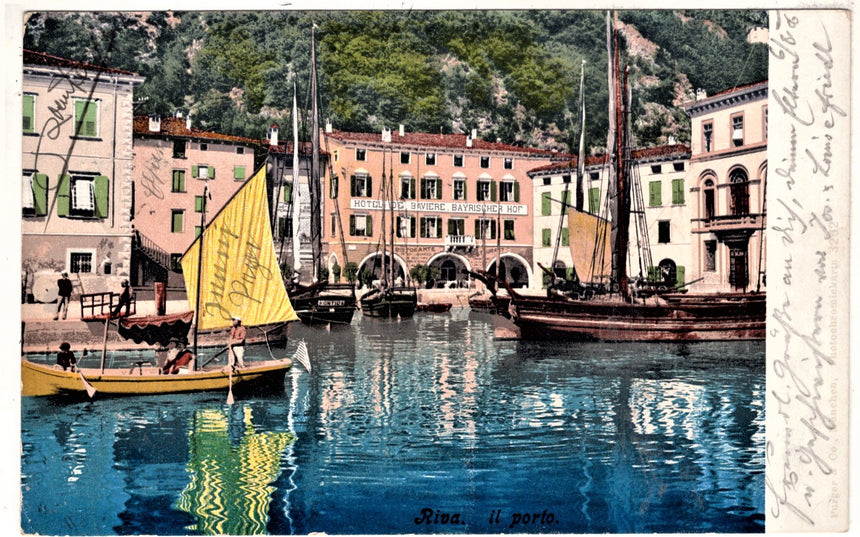 Cartolina antica Trento Riva Garda il porto e Hotel Baviere