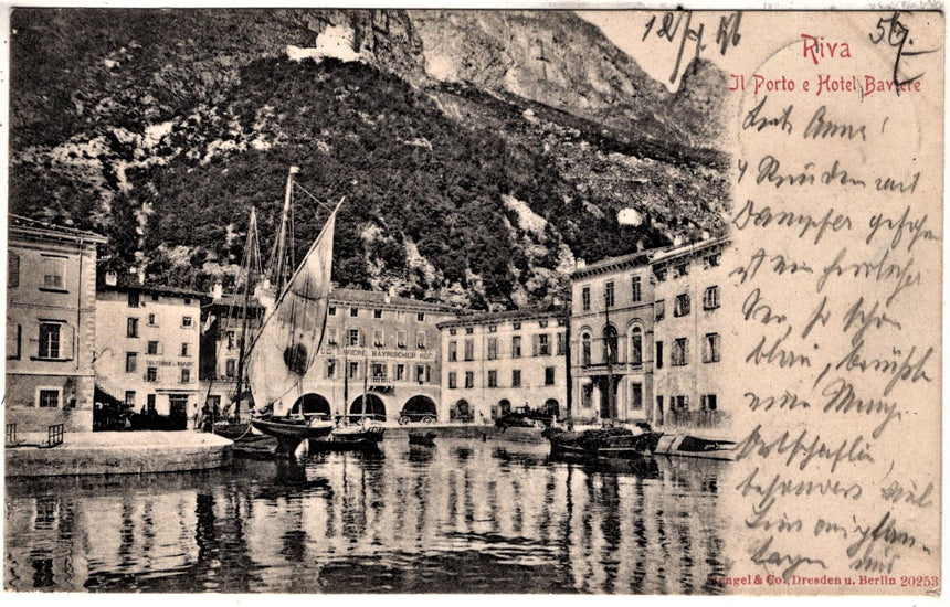 Cartolina antica Trento Riva Garda il porto e Hotel Baviere