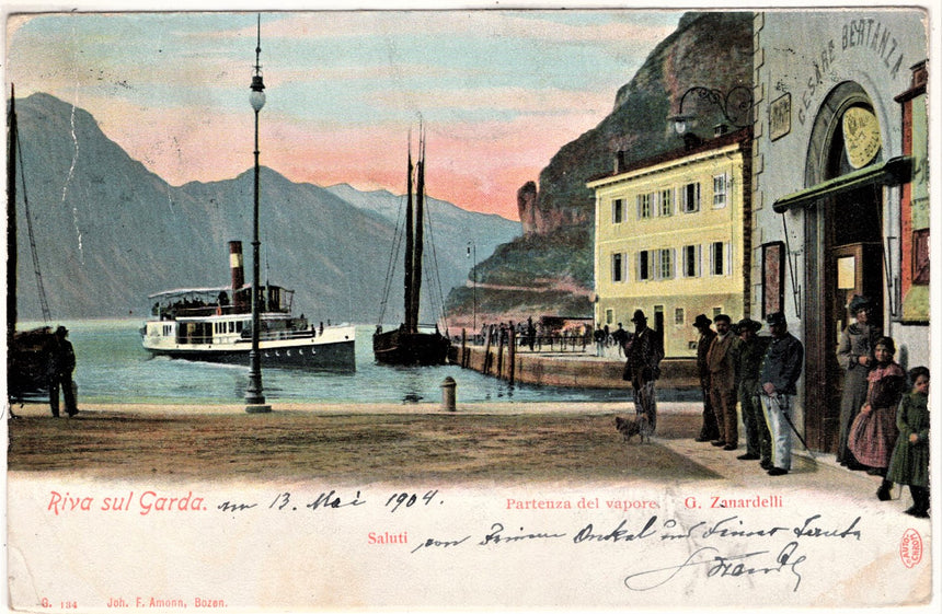 Cartolina antica Trento Riva Garda partenza del vbapore negozio C.Bertanza