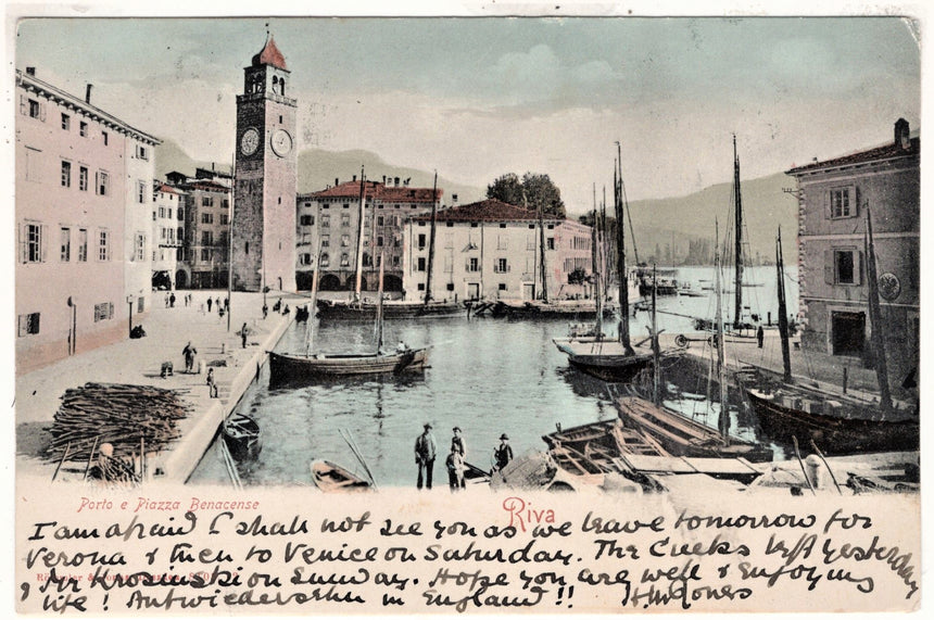 Cartolina antica Trento Riva Garda porto e piazza Benacense