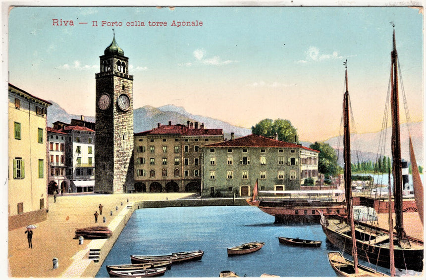 Cartolina antica Trento Riva Garda il porto e torre Aponale