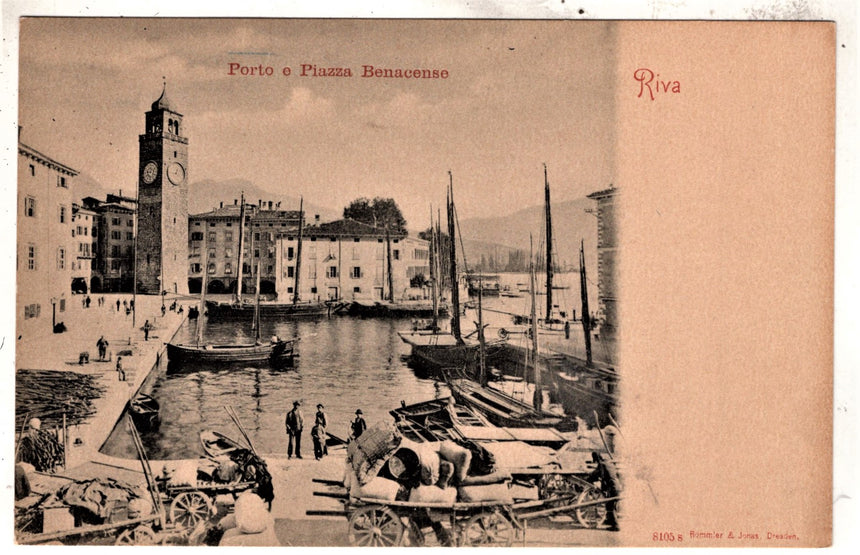 Cartolina antica Trento Riva Garda porto e piazza Benacense